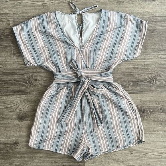 AMERICAN EAGLE Romper Size Small Cotton Linen Striped Blue Coastal Coquette Boho - Picture 1 of 10